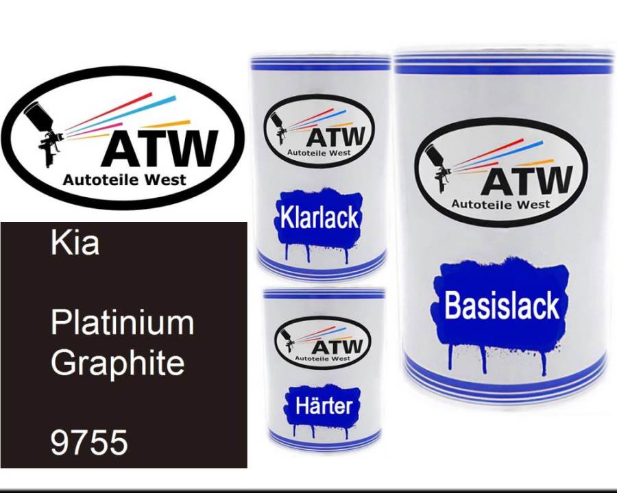 Kia, Platinium Graphite, 9755: 500ml Lackdose + 500ml Klarlack + 250ml Härter - Set, von ATW Autoteile West.